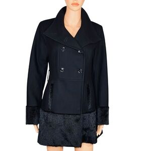 Laundry By Design Black Wool Blend Dress Coat Faux Fur Trim Fitted Size Small